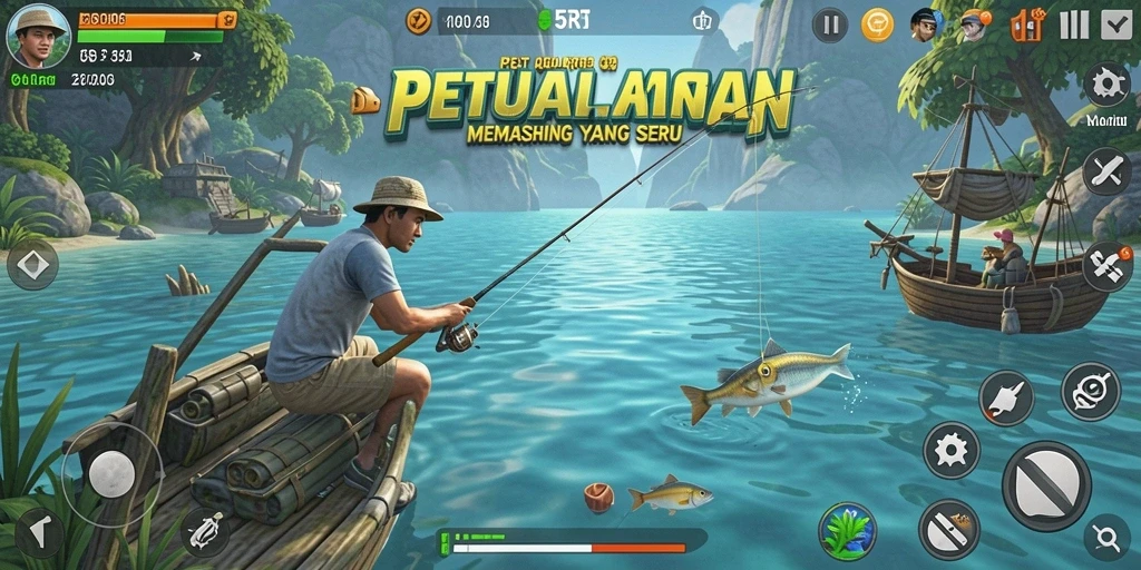 Tampilan gameplay 5RT yang mendebarkan dengan pemandangan memancing yang indah.