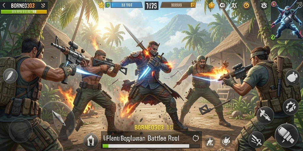 Screenshot utama BORNEO303 menampilkan pertempuran seru dalam Battle Royale.