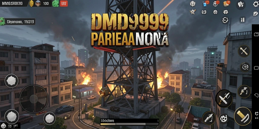 Screenshot gameplay DMD999 dengan pertempuran menara yang intens.