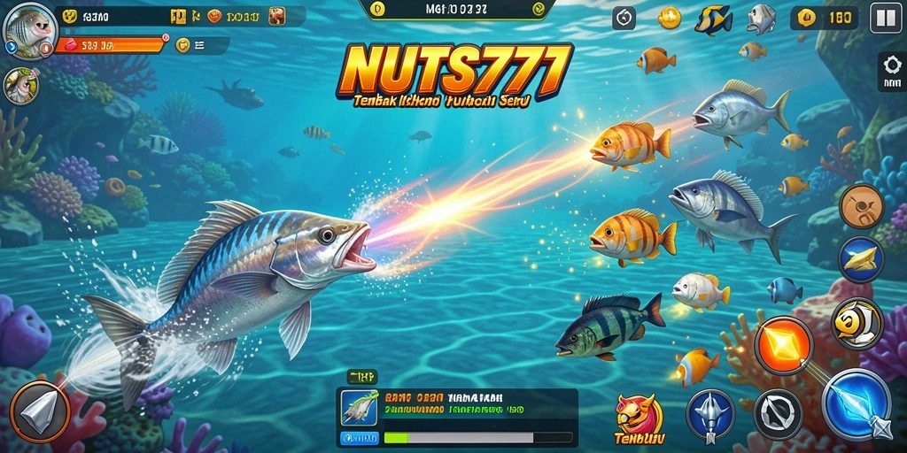 Screenshot gameplay NUTS777 menampilkan aksi menembak ikan yang seru dan menantang.