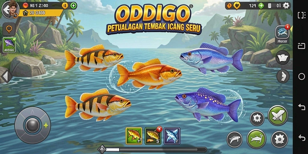 Screenshot gameplay ODDIGO, menampilkan serunya berburu ikan.